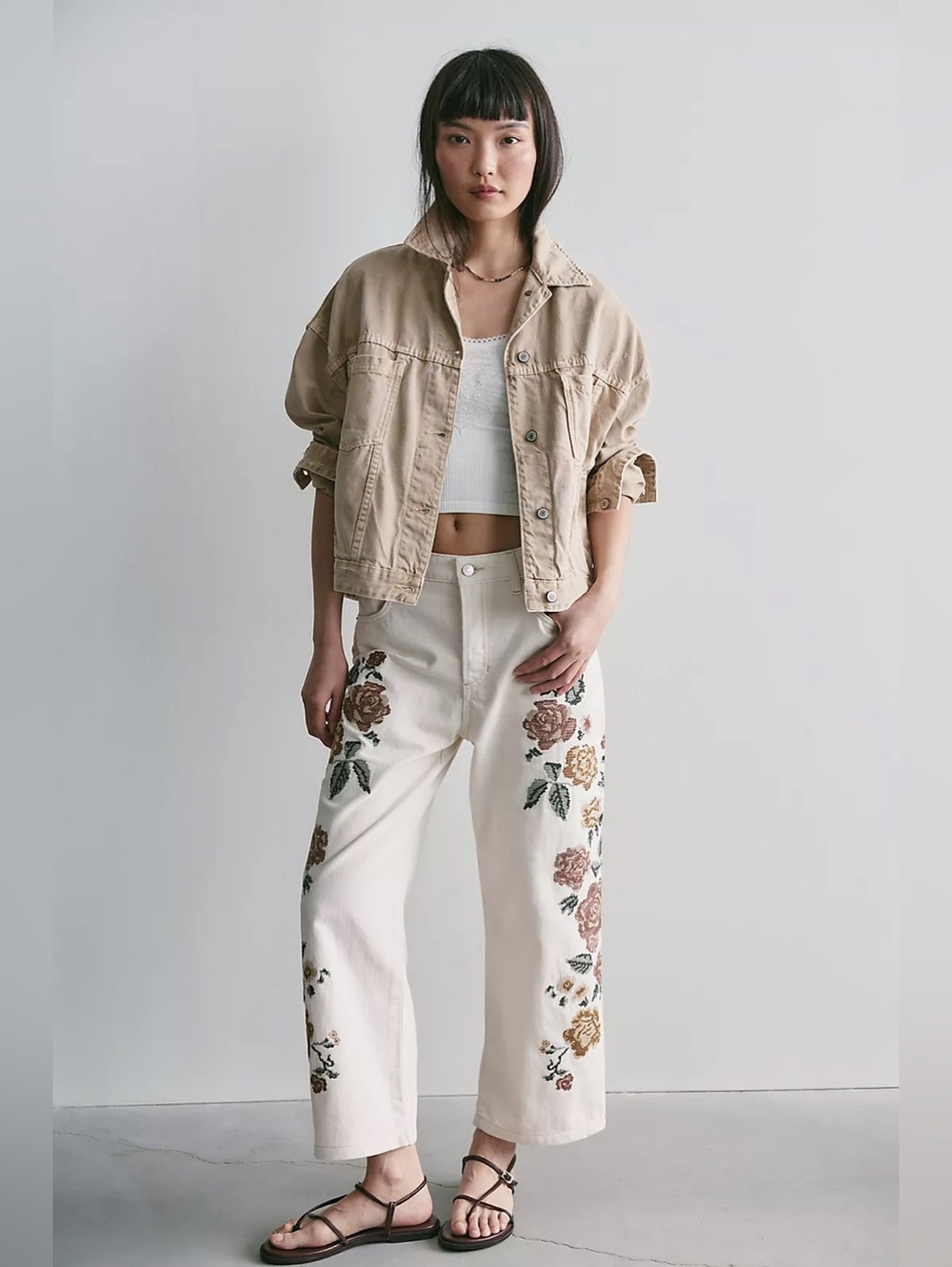 NWT FREE PEOPLE WE THE FREE Willow Cross Stitch Embroidered Jeans | Ivory $228